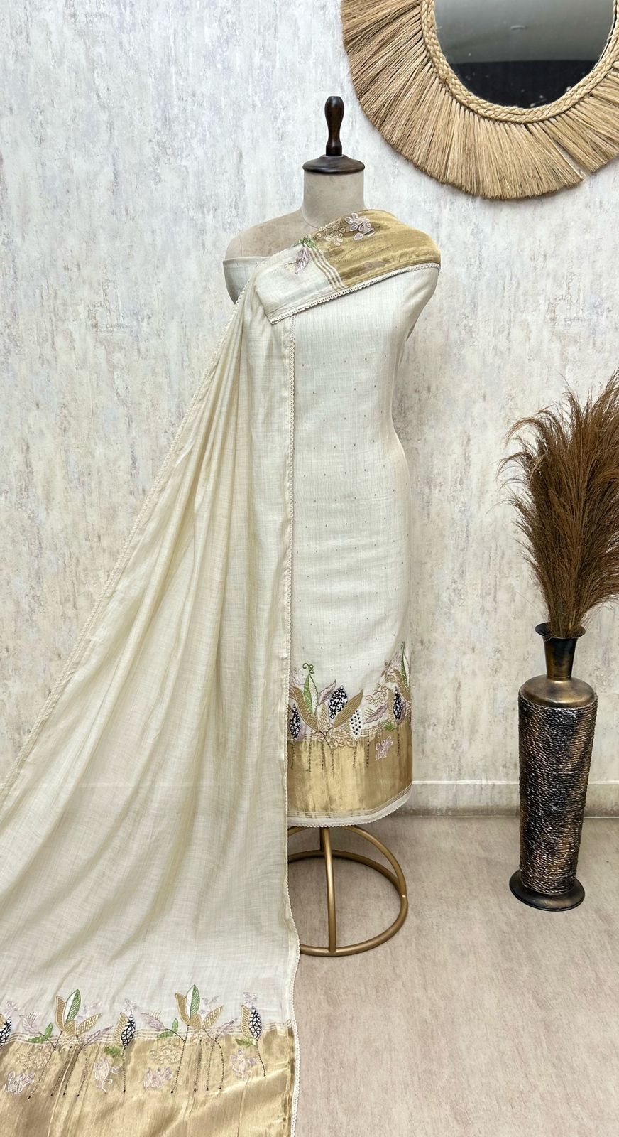 Jamdani Linen Unstitched 3-Piece Suit with Shantoon Bottom