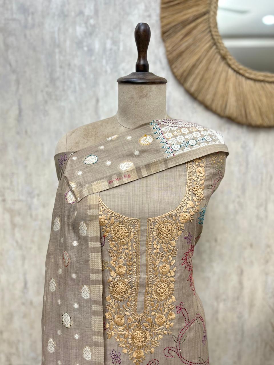 Elegant Jamdani Linen Unstitched 3-Piece Suit