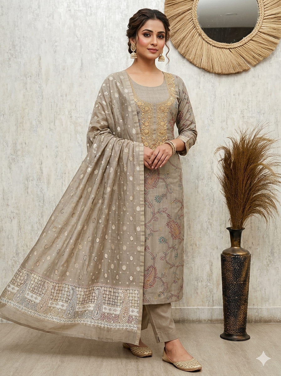Elegant Jamdani Linen Unstitched 3-Piece Suit
