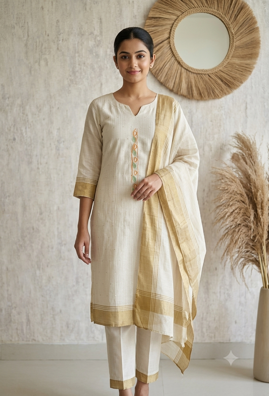 Premium Jamdani Linen Unstitched 3 Piece Suit for Women | Jamdani Linen Dupatta & Shantoon Bottom