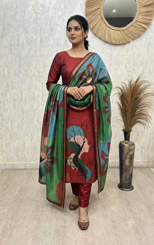 Elegant Maheshwari Unstitched 3-Piece Suit Set