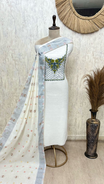 Women's Mul Chanderi Unstitched Salwar Suit Material | 3-Piece Set with Chanderi Dupatta & Cotton Bottom (Plus Size Friendly up to 58" Bust)