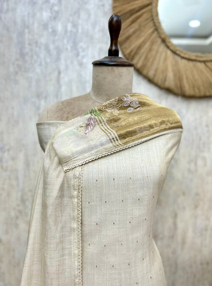 Jamdani Linen Unstitched 3-Piece Suit with Shantoon Bottom