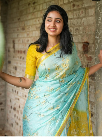 Premium Soft Linen Saree with Mangalagiri Border & Digital Print