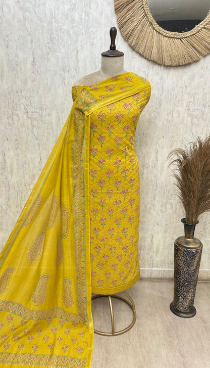 Women's Pure Cotton Unstitched Salwar Suit Material | 3-Piece Set with Cotton Dupatta & Bottom (Plus Size Friendly up to 58" Bust)