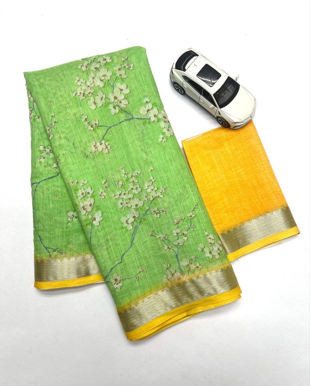 Premium Soft Linen Saree with Mangalagiri Border & Digital Print