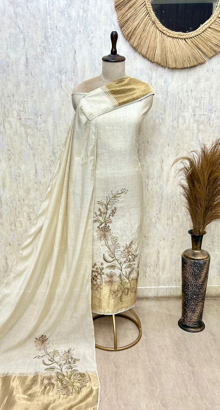 Jamdani Linen Unstitched 3-Piece Suit with Shantoon Bottom