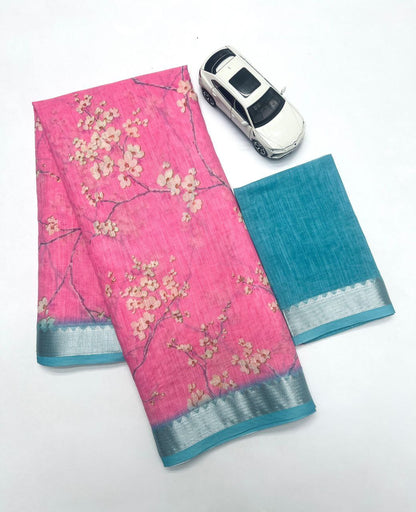 Premium Soft Linen Saree with Mangalagiri Border & Digital Print