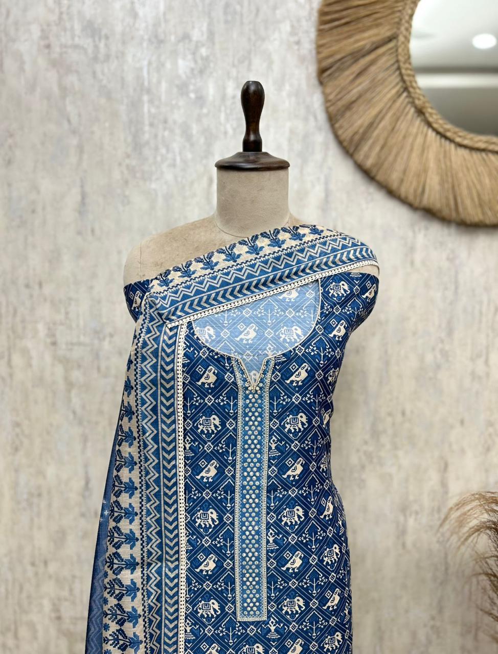 Elegant Maheshwari Unstitched 3-Piece Suit Set
