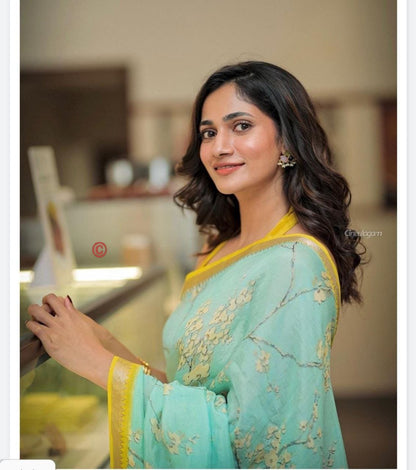 Premium Soft Linen Saree with Mangalagiri Border & Digital Print