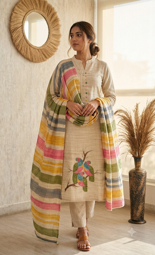 Elegant Jamdani Linen Unstitched 3-Piece Suit Set