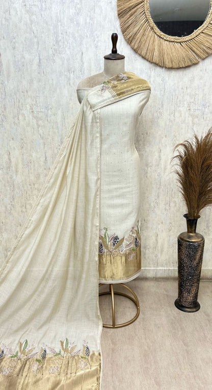 Jamdani Linen Unstitched 3-Piece Suit with Shantoon Bottom